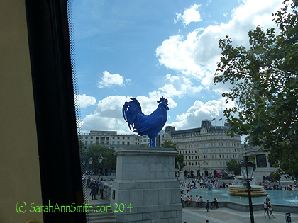 Soon we came to Trafalgar Square, with the National Gallery, St. Martin in the Fields church, Lord Nelson's column, and this blue rooster.   This plinth (base) has been the home for some rotating art.   I'll let you google to find out more about it... but a big blue....ummm...let's go with rooster.....someone has a sense of humor!