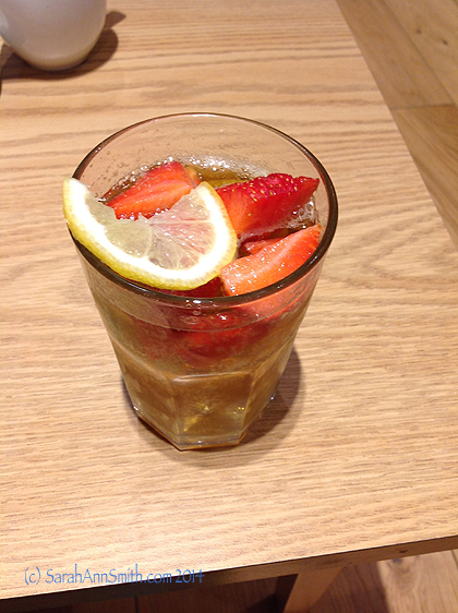 At the YHA (Youth Hostel Assn.) York Hostel, my first ever Pimm's.   It will NOT be my last:  cucumber, strawberries, 7 Up, Pimm's, citrus over ice.   Summer perfection.