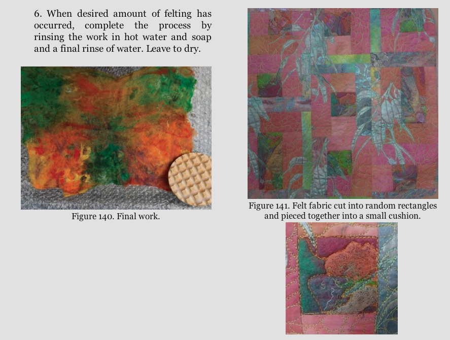 A screen shot of a later page in the book where Lisa shows felting and the use of the felt in a completed artwork that features additional surface design.