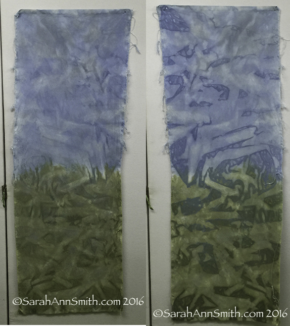 The top side of the cotton, is on the left. The right side shows where the dye pooled on the bottom (cloth was dyed flat on a surface). 