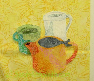The yellow is so cheerful and "morning", but the top edge of the white pitcher gets lost, and I didn't want to darken it with thread.  An alternative would be to outline with an ochre just a tiny bit to create an edge.