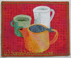 Tea with Milk, published in the recent Quilting Arts Coffee or Tea?  Challenge.  Of course the answer is tea!  From the time I was in grade school, my Irish-American papa fixed me tea for breakfast.  Still have my cuppa daily!