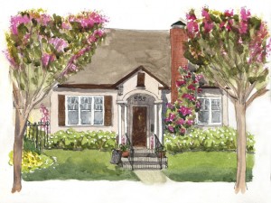 Diane's ink and watercolor sketch of a home near her in northern California