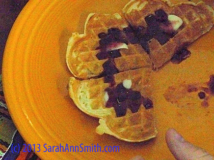 Eating continued with the first waffles in 3 1/2 months.  My recipe, from Joy of Cooking, uses 3 eggs, and I generally think of it as feeding 3 people.  I had 3 waffles (small).  Eli had ALL the rest.    I've missed feeding Eli!