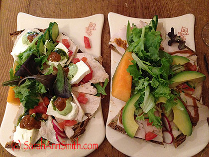 Two "tartines" at Le Pain Quotidien in Soho.   The drizzled sauces were incredible...I've written in hopes they'll share some of the ingredients since the place has a website with some recipes given.  YUM!