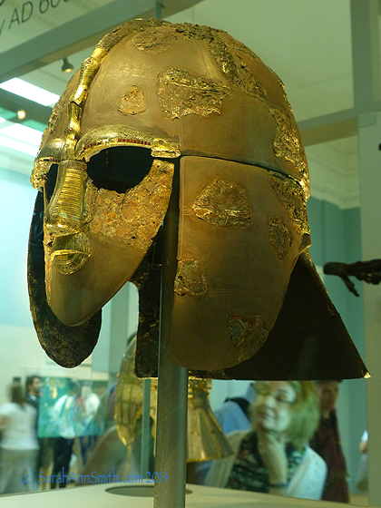 The most stunning item from the Sutton Hoo find is this mask.  They believe the ship was for the king of the Anglo-Saxons in East Anglia and dates to circa 724 a.d.  These are the remnants of the helmet.