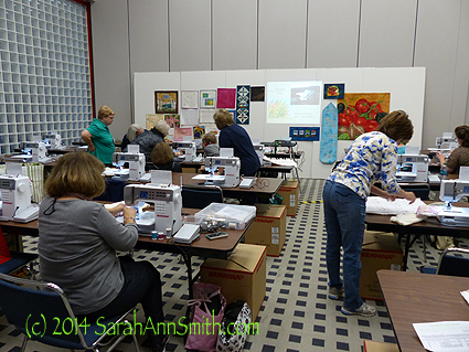 Here's the class hard at work, with my samples up on the foam core boards at the front.