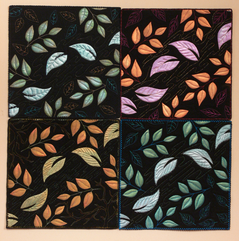 Here are four versions of my tossed leaves.  You learn to make a freezer paper stencil and paint on cloth.  While the paint dries, learn key tips to success with metallic, holographic, heavy and shiny threads, then free-motion quilt your piece.