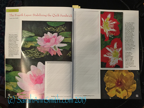 The opening spread of my article on stabilizing the quilt sandwich in the July/August issue of Machine Quilting Unlimited