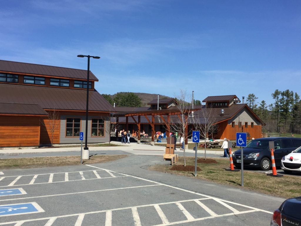 From the parking lot. Busy even on a mid-April weekday! Buildings are gorgeous!