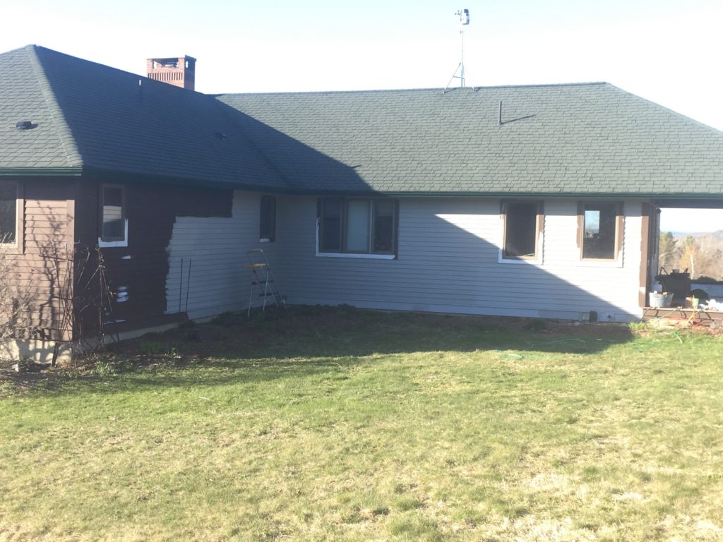 These two walls and the trim are now almost done (one more coat of white on the wood just under the roof shingles).  Then I'll take a break to work on a new piece!