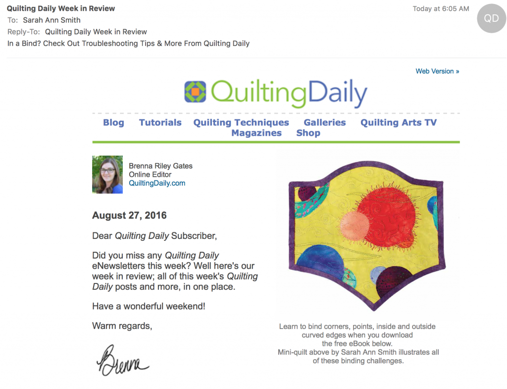 From this morning's email:  my little quilt shows all sorts of binding challenges:  sh