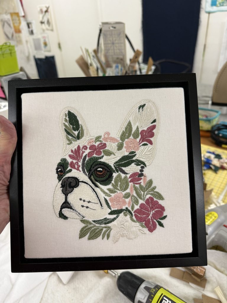 Frenchie embroidery design made by Sarah, design by EmbroideryRoksShop on Etsy