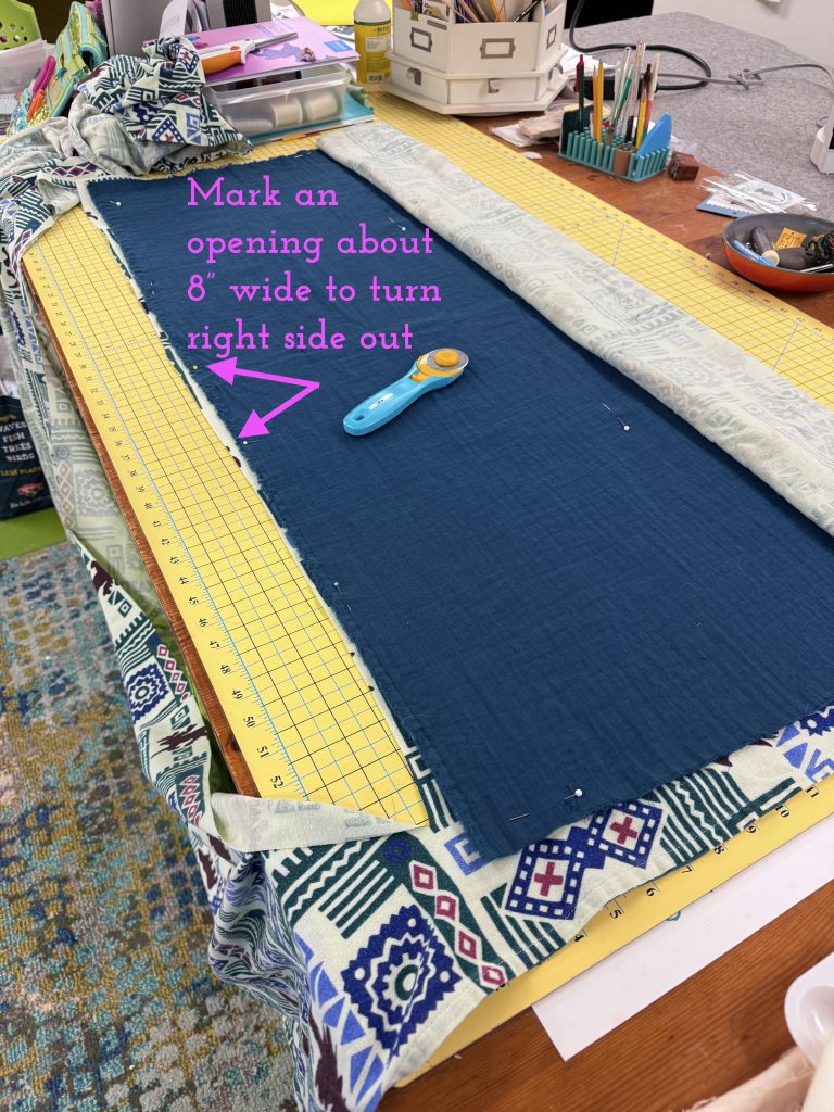Keep everything smooth and flat as you pin. Leave an opening large enough to fit your hand and some fabric when you turn it right side out.